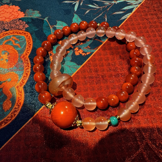 ⭐Wealth and Prosperity⭐Flame Pattern Single Bead Large Southern Red + Natural Ice Drift Southern Red - Turquoise Double Circle Bracelet
