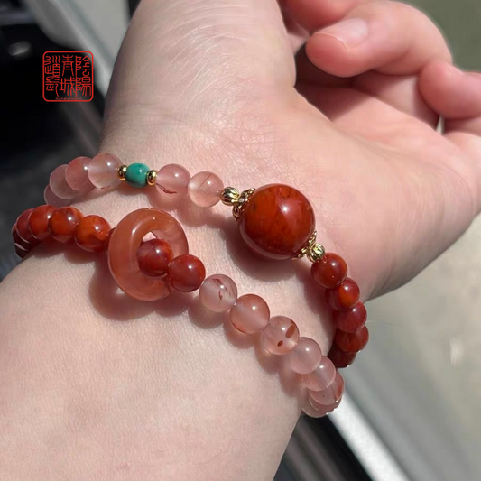 ⭐財旺順運⭐火焰紋單珠大南紅+天然冰飄南紅-綠松石雙圈手串